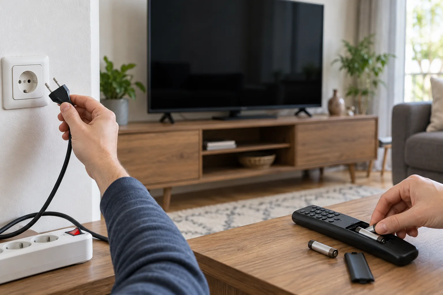 بررسی ایمن کابل برق، پریز و باتری ریموت برای تلویزیونی که روشن نمی‌شود